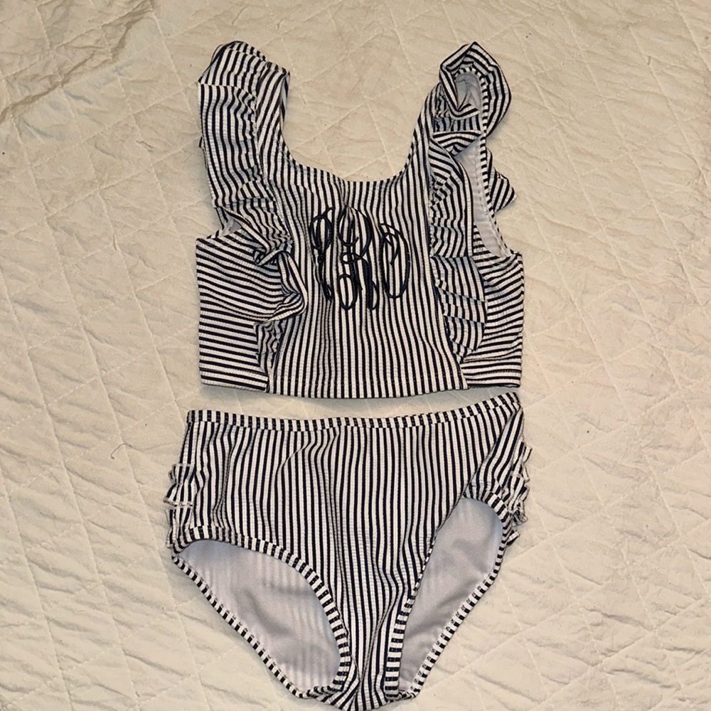 RUFFLE BUTTS Seersucker Waterfall Tankini Swim Suit Girls Size 8